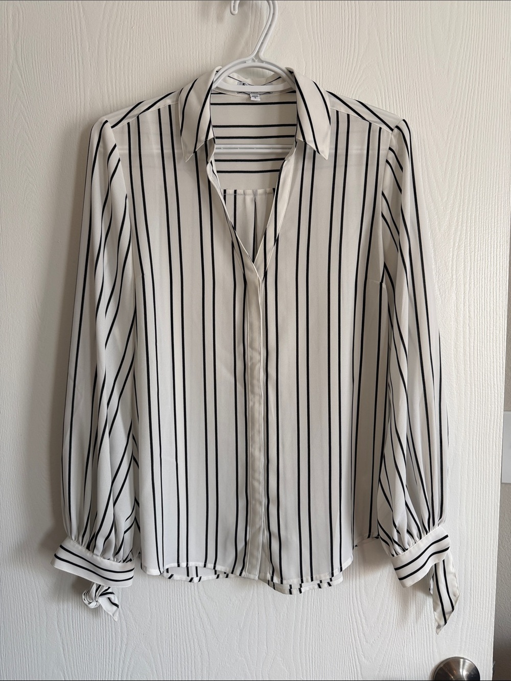 Express White Button-Down Blouse with Black Vertical Stripes